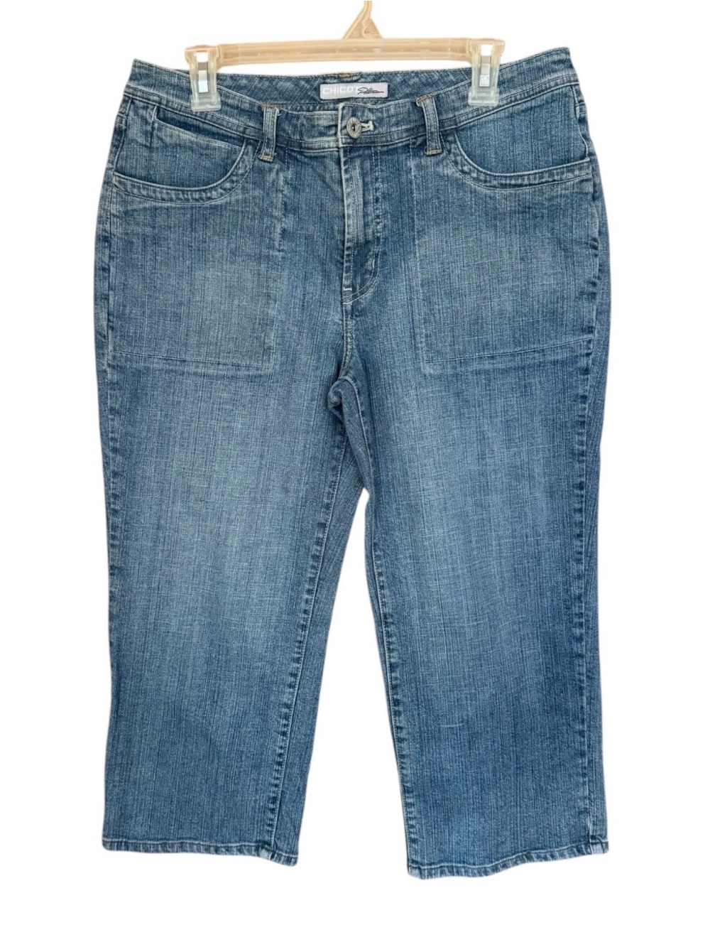 Chico’s Platinum Denim Capri Jeans Womens Size 2 (12) Blue Stretch Mid Rise